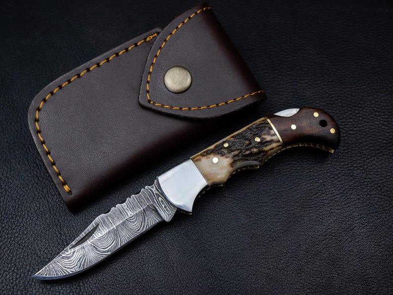 Handmade Damascus knife Pocket knife Folding Knife Personalized gift Wedding Gift Groomsman gift birthday anniversary Fathers day gift image 5