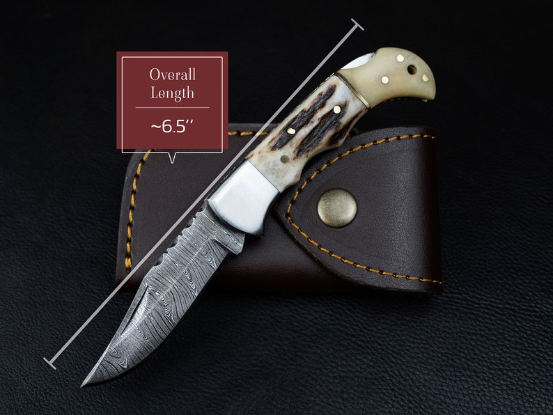 May include: A small pocket knife with a damascus steel blade and a stag horn handle. The knife is closed and has a leather sheath. The overall length of the knife is approximately 6.5 inches.