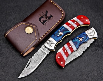Handmade Damascus Pocket Knife Folding Knife in American flag handle Groomsmen Anniversary Wedding Personalized Gift Independence Day gift