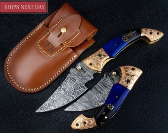 9'' Hand Forged Real Horn Handle Damascus Fold Knife, Damascus Bone Pocket Knife, Damascus Steel Hunting knife, Hand Forged Damascus Knife