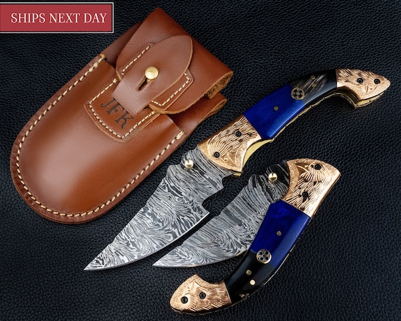 Real horn handle Damascus folding pocket knife with 350 favorites — the natural horn scales make every single knife unique, and the demand signal here is undeniable.
