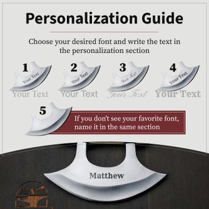 May include: A personalization guide for a knife with five different font options. The guide shows how to choose a font and write text in the personalization section. The image also includes a knife with the name "Matthew" engraved on it.