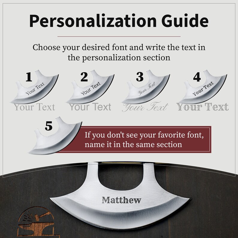May include: A personalization guide for a knife with five different font options. The guide shows how to choose a font and write text in the personalization section. The image also includes a knife with the name "Matthew" engraved on it.