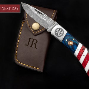 Handmade Damascus Pocket Knife Folding Knife in American flag handle Groomsmen Anniversary Wedding Personalized Gift Independence Day gift