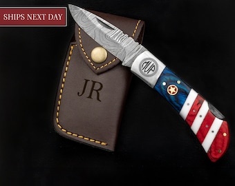 American Flag Damascus Folding Knife, USA Patriotic Knife, Gift For Policeman, Authentic Damascus Steel, Groomsmen gifts-Police Gift for Him