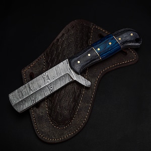 CowBoy Bull Cutter Knife Forged Damascus Steel Knife With pancake Leather Sheath Groomsmen Gift fathers day gift birthday gift for him