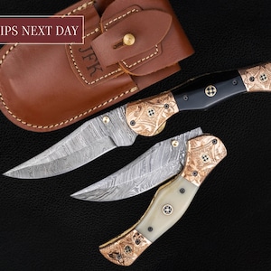 9&#39;&#39; Hand Forged Natural Bone Handle Damascus Fold Knife, Damascus Pocket Knife, Damascus Steel Hunting knife, Hand Forged Damascus Knife