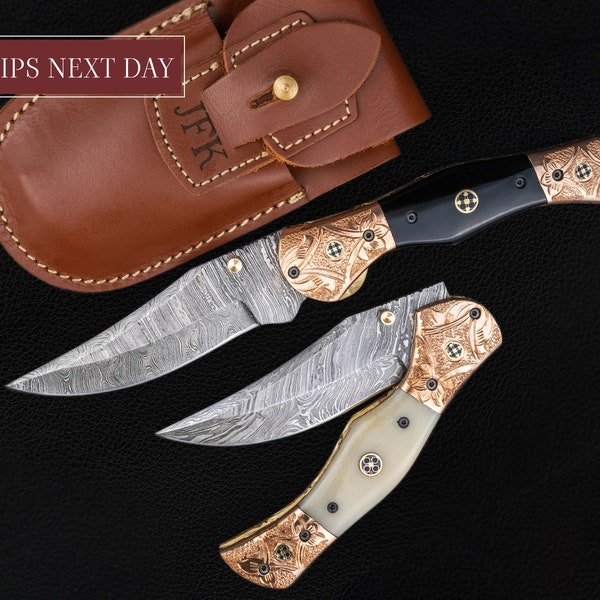 9'' Hand Forged Natural Bone Handle Damascus Fold Knife, Damascus Pocket Knife, Damascus Steel Hunting knife, Hand Forged Damascus Knife