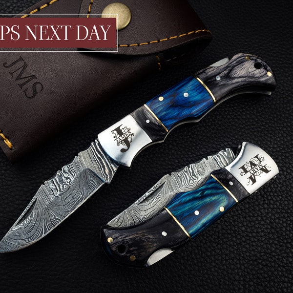 Damascus Pocket Folding Knife, Custom Pocket Fold Knife, Groomsmen gifts, Wedding Gift, Authentic Damascus Steel Blade, Gift for him
