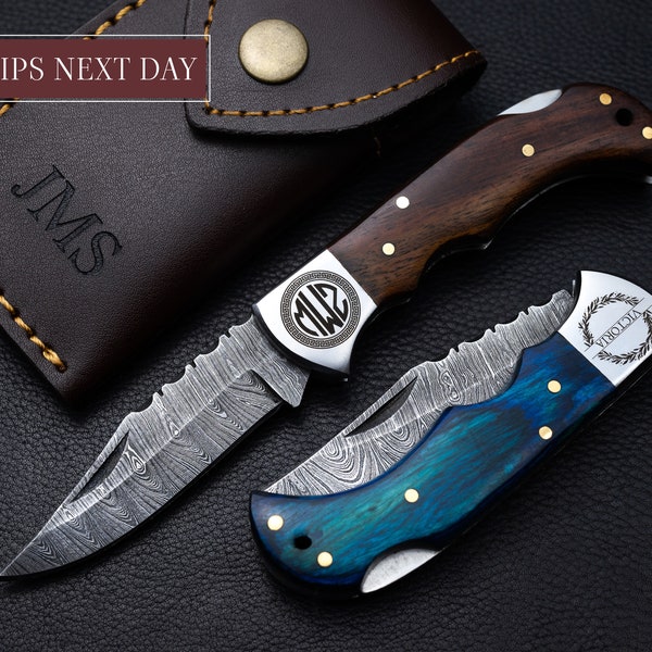 Padrinos de boda Damasco cuchillo plegable, cuchillo de bolsillo para hombres - 6.5'' hecho de auténtico acero de Damasco, regalos de padrinos, regalo de novio, para él