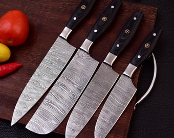 Lot de 4 couteaux de cuisine noirs en acier Damas – Authentique fait à la main personnalisé pour barbecue, cuisine intérieure/extérieure, couteau de chef, cadeau, rouleau de cuir gratuit