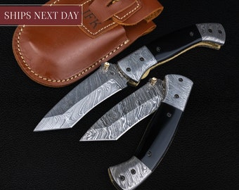 Curved Hand Forged Black Damascus Folding Knife, Hunting Knife for Him, Hand Made Damascus Pocket Knife, Hand Forged Damascus Fold Knife