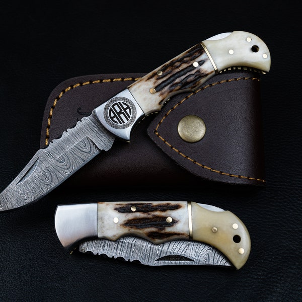 Groomsmen Knife Handmade Pocket Knife, Damascus Folding Knife, Stag Horn and Camel Bone Handle, Groomsmen Gifts, Gift for boyfriend 2023