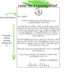 May include: A white rectangular letter titled Letter No. 3 Loosing Belief with a black floral wreath and the letter S at the top. The text is written in a cursive font, addressed to Sophia, and signed by Santa Claus, featuring green brush strokes.