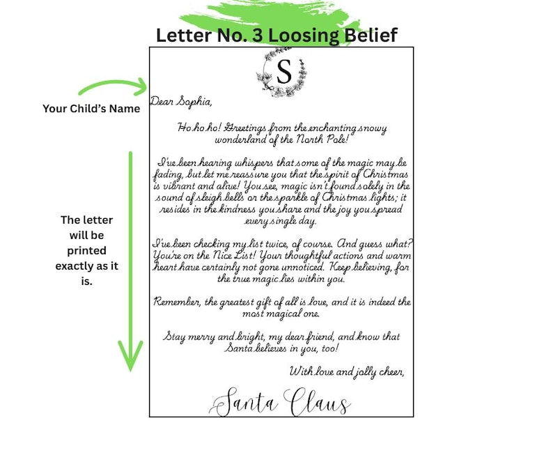 May include: A white rectangular letter titled Letter No. 3 Loosing Belief with a black floral wreath and the letter S at the top. The text is written in a cursive font, addressed to Sophia, and signed by Santa Claus, featuring green brush strokes.