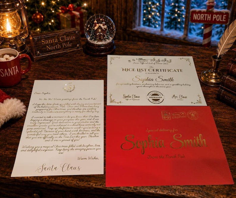 May include: A white letter addressed to Sophia Smith from Santa Claus, a Nice List certificate for Sophia Smith, and a red envelope with gold lettering. The letter contains text from the North Pole, and the certificate features official seals.
