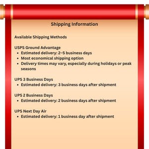 May include: A vertical rectangular scroll with a light beige center and bright red borders at the top and bottom. The scroll features dark text detailing various shipping methods including USPS Ground Advantage and multiple UPS service options.