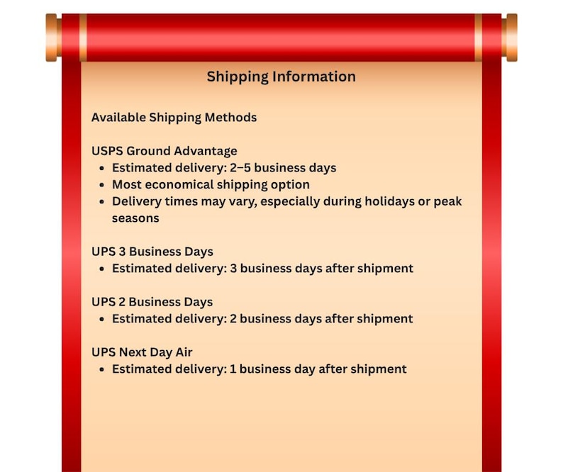 May include: A vertical rectangular scroll with a light beige center and bright red borders at the top and bottom. The scroll features dark text detailing various shipping methods including USPS Ground Advantage and multiple UPS service options.