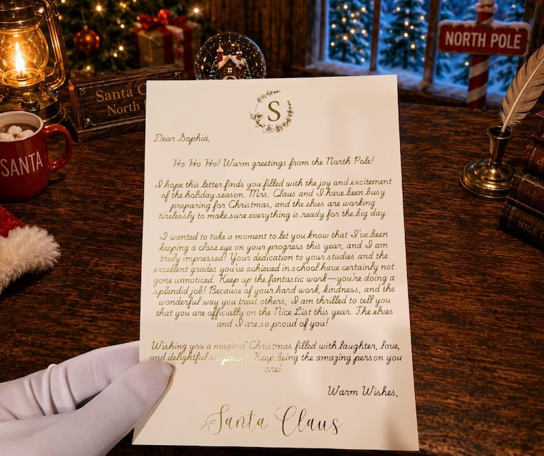 May include: A white letter from Santa Claus featuring a gold foil letterhead with the letter S inside a wreath. The text is written in a cursive font and addresses Sophia, mentioning the North Pole, Christmas, and her inclusion on the Nice List.