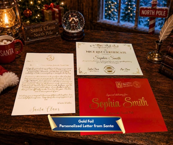 Mailed Letter from Santa, Personalized Letter from Santa, Certificate from Santa, Santa Nice List Certificate, Santa Mail, Gold Foil Letter