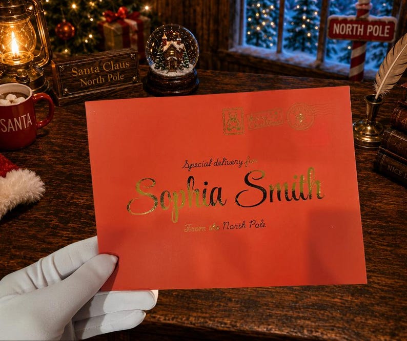 May include: A rectangular red envelope featuring gold foil lettering that reads Special delivery for Sophia Smith From the North Pole. The envelope includes a gold stamp graphic in the upper right corner and is held by a white gloved hand.