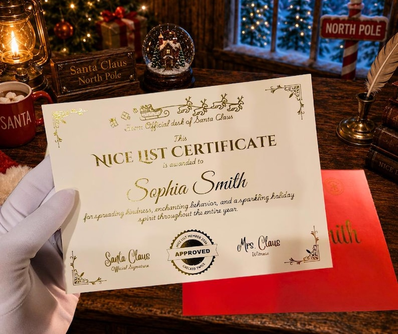 May include: A cream-colored Nice List Certificate with gold foil lettering and decorative accents. The text reads: From Official desk of Santa Claus, This NICE LIST CERTIFICATE is awarded to Sophia Smith, for spreading kindness, enchanting behavior, and a sparkling holiday spirit throughout the entire year. Includes signatures for Santa Claus and Mrs. Claus, plus an Approved seal.