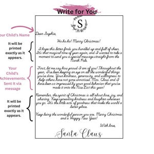 May include: A personalized letter from Santa Claus featuring a floral wreath with the letter S at the top. The text includes "Dear Sophia," "Ho ho ho! Merry Christmas!" and a message about the Nice List, ending with "With love, Santa Claus."