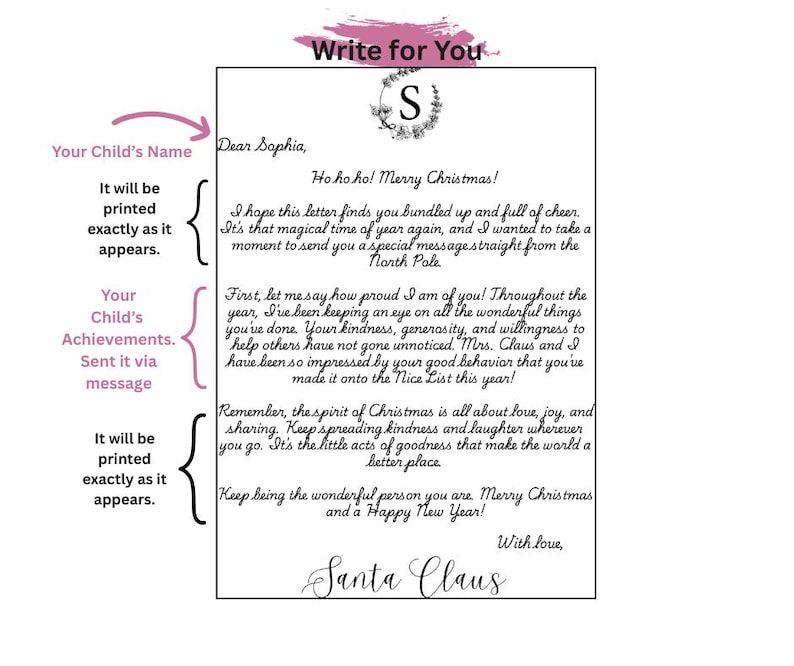 May include: A personalized letter from Santa Claus featuring a floral wreath with the letter S at the top. The text includes "Dear Sophia," "Ho ho ho! Merry Christmas!" and a message about the Nice List, ending with "With love, Santa Claus."