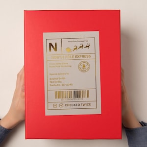 Gold Foil Personalized Santa Christmas Gift Tags Stickers | Santa Elf North Pole Shipping Label | Holiday Tags | 2 sets of 4 x 6 inches