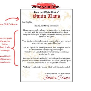 May include: A customizable letter template from Santa Claus featuring a red header with the text From the Official Desk of Santa Claus, a silhouette of a sleigh and reindeer, and light gold snowflake patterns on a white background.