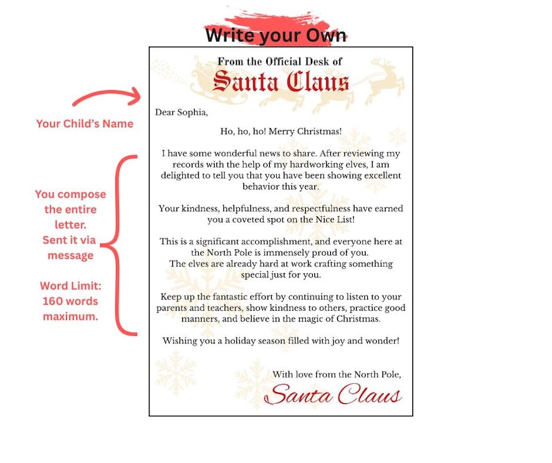 May include: A customizable letter template from Santa Claus featuring a red header with the text From the Official Desk of Santa Claus, a silhouette of a sleigh and reindeer, and light gold snowflake patterns on a white background.