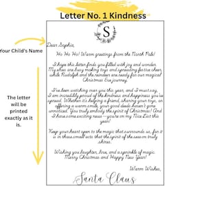 May include: A white rectangular letter with black cursive text titled Letter No. 1 Kindness. It features a floral wreath with the letter S at the top and is signed Santa Claus at the bottom. The text includes a message from the North Pole.
