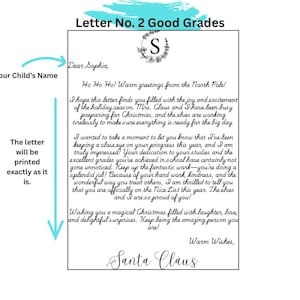 May include: A printed letter titled Letter No. 2 Good Grades featuring a black and white floral wreath with the letter S, followed by a message from Santa Claus. The text includes Dear Sophia, Ho Ho Ho, and concludes with the signature Santa Claus.