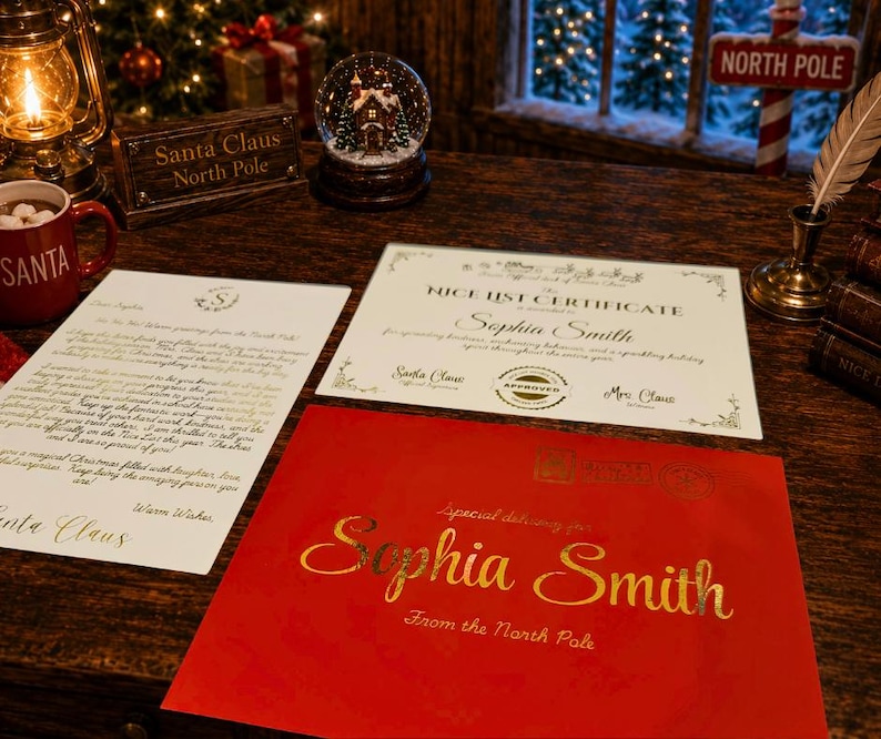 May include: A red envelope with gold text reading Special delivery for Sophia Smith From the North Pole, a white Nice List Certificate for Sophia Smith with Santa and Mrs. Claus signatures, and a white letter from Santa Claus with gold text.