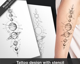 Minimalist tattoo solar system tattoo design, tattoo stencil, geometric tattoo flash, planet tattoo, galaxy tattoo, space tattoo