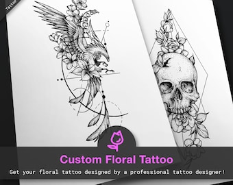 May include: Two black and white tattoo designs. The first design features a bird with flowers and geometric shapes. The second design features a skull with flowers and geometric shapes. The text "Custom Floral Tattoo" is at the bottom of the image.