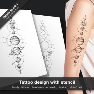 Minimalist tattoo solar system tattoo design, tattoo stencil, geometric tattoo flash, planet tattoo, galaxy tattoo, space tattoo