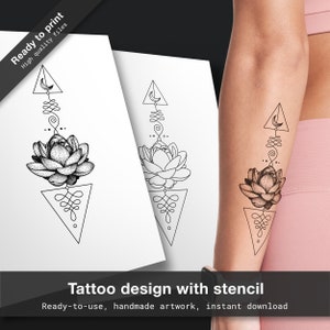 Lotus tattoo design, lotus flower tattoo stencil, floral tattoo flash, unalome tattoo, fine line tattoo idea, geometric tattoo drawing image 1