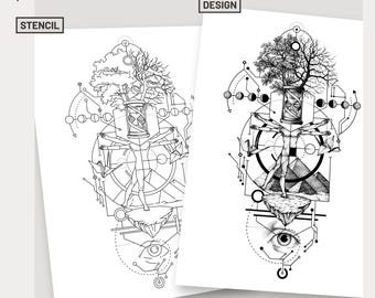 World of Science Gebrauchsfertiges Tattoo-Design, Baum-Tattoo-Kunst geometrisches abstraktes Tattoo-flash-modernes Tattoo-Ideen