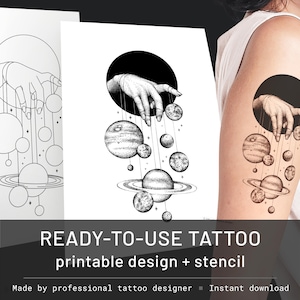 Hand holding planets tattoo solar system tattoo design, tattoo stencil, geometric tattoo flash, galaxy tattoo, space tattoo, abstract tattoo