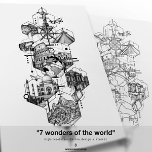7 merveilles du monde conception de tatouage personnalisée / tatouage de voyage, tatouage envie de voyager, tatouage géométrique, tatouage nature, tatouage géométrique, dotwork