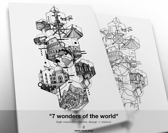 7 wonders of the world custom tattoo design / Travel tattoo, wanderlust tattoo, geometric tattoo, nature tattoo, geometric tattoo, dotwork
