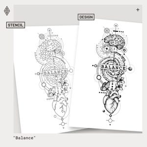 May include: Two black and white stencil designs with the word "Balance". Each design features a brain, gears, a spiral, a heart, and a butterfly. The word "Stencil" is in a box in the upper left corner, and the word "Design" is in a box in the upper right corner.