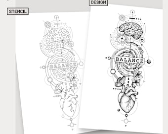 Balance Herz Gehirn Tattoo Design, geometrische Tattoo Kunst Gegensatz zwischen Emotionen und Vernunft Blackwork Tattoo Blitz