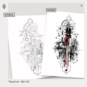 May include: Two white paper prints with geometric designs. One is a stencil, the other a design, both featuring compasses, cityscapes, and natural elements. The text "Bipolar World" is at the bottom. The design print has red accents.