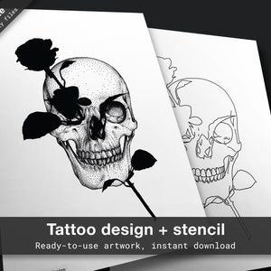 Tattoo design &quot;Contemplation&quot; / Dotwork blackwork rose skull floral tattoo art ideas / Forearm arm thigh sleeve tattoo / Tattoo ticket