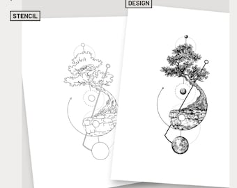 Yin Yang Tattoo Design mit Bonsai Baum Tattoo Blitz geometrisches Tattoo Vorlage Nature Tattoo Balance Design