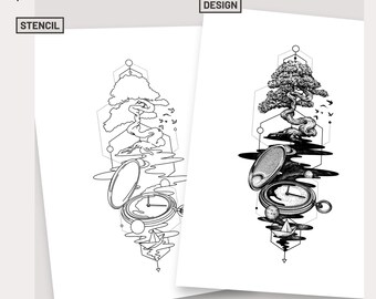 Panta Rhei Baum und Taschenuhr Tattoo Design, Natur Tattoo Schablone Unterarm Tattoo Blitz Tattoo Kunst Illustration alles fließt
