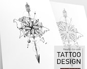 Unique compass tattoo design arrow tattoo flash world map illustration forearm tattoo art thigh tattoo calf tattoo stencil traveling tattoo