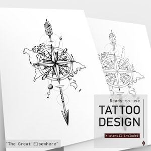 Unique compass tattoo design arrow tattoo flash world map illustration forearm tattoo art thigh tattoo calf tattoo stencil traveling tattoo